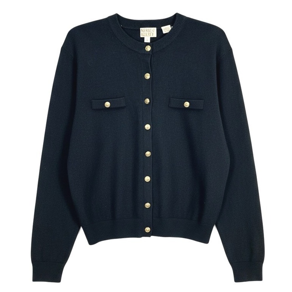 Kerri & Kelsey Vintage Black Cardigan Gold Crest Button Knit Sweater Large